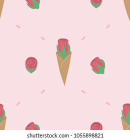 Pattern with pink flowers in a waffle cone. Seamless Background with rose as ice cream   . Stylized seamless fashion pattern. Vector illustration. Feminine illustration. Trend candy card for girl.
