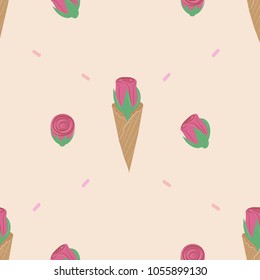 Pattern with pink flowers in a waffle cone. Seamless Background with rose as ice cream   . Stylized seamless fashion pattern. Vector illustration. Feminine illustration. Trend candy card for girl.