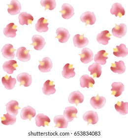 Pattern with pink flying petals of sakura - Japanese cherry tree. Floral romantic white wallpaper. illustration