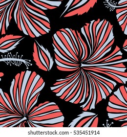 Pattern in pink and gray colors with tropic summertime motif may be used as texture, wrapping paper, textile design. Vector seamless pattern of tropical hibiscus flowers, dense jungle. Hand painted.