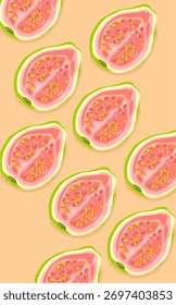 um padrão de frutos de goiaba meio fatiado, cor-de-rosa e verde. Sementes de goiaba