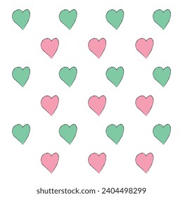 pattern of pink and green hearts on white background