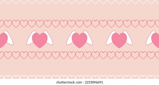 ิBeautiful pattern pink. Heart with a wings cartoon illustration. heart fly with angel wings in doodle style. cute heart for decorating the wedding card for valentine's day and love concept.