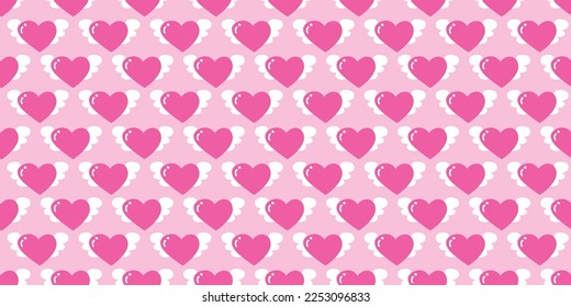 ิBeautiful pattern pink. Heart with a wings cartoon illustration. heart fly with angel wings in doodle style. cute heart for decorating the wedding card for valentine's day and love concept.