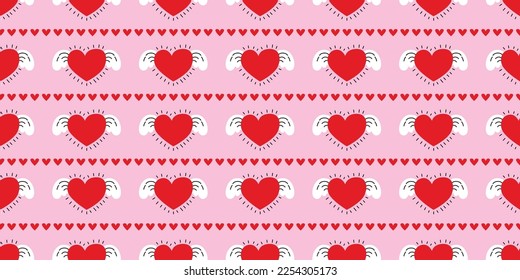 ิBeautiful pattern pink. Heart with a wings cartoon illustration. heart fly with angel wings in doodle style. cute heart for decorating the wedding card for valentine's day and love concept.