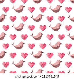 Pattern with pink hearts and birds. Festive illustration for Valentines Day, birthday, weddings. Vector illustration isolated on white background. For souvenir shops, prints, labels, logos and social