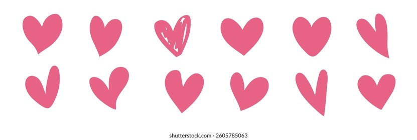 A pattern of pink hearts, featuring various pink heart designs. Pink hearts repeated in a row, showcasing different pink heart styles. Cute heart collection. Valentines doodle vector set.