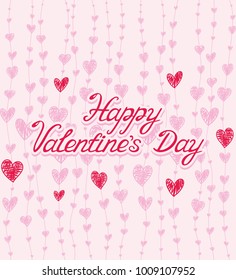 Pattern with pink hearts and Happy Valentine's Day red lettering in the middle. Vector illustration