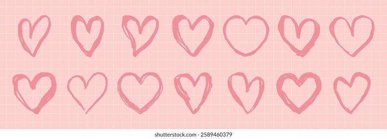 A pattern of pink hearts on a grid background. Pink hearts vary in style. Pink hearts are hand-drawn. Pink hearts create a cute, romantic vibe. Valentine's element vector set.