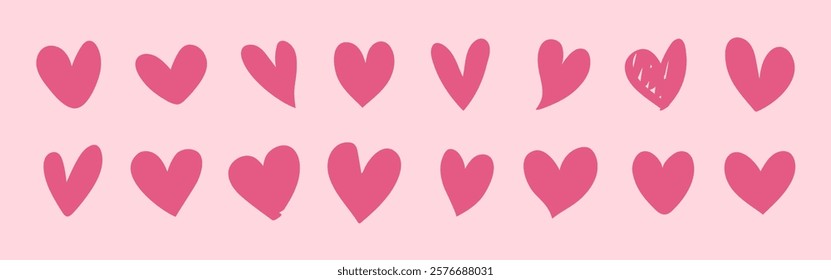 A pattern of pink hearts on a light pink background. Hearts are arranged in rows. Pink hearts vary slightly in shape. A simple, cute heart design. Valentines doodle vector set.