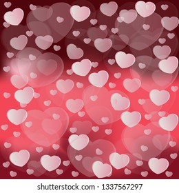 Pattern from pink hearts on red and dark red background. 