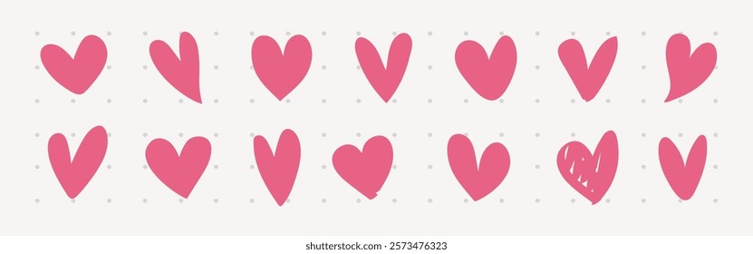 Pattern of pink hearts on a white background. Various heart shapes, pink hearts, heart design. Repeated pink hearts, heart pattern, simple heart art. Valentines doodle vector set.