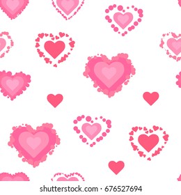 Pattern, pink hearts on the white background, seamless texture. Vector illustration.
