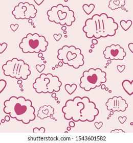 pattern pink hearts, question marks, exclamation poins in clouds comic book style on a pink background