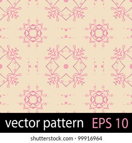 Pattern with pink hearts and swirls. Seamless vector background