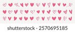 Pattern of pink hearts in various styles. Hearts repeat in rows, showcasing different heart designs. Valentines doodle vector set.