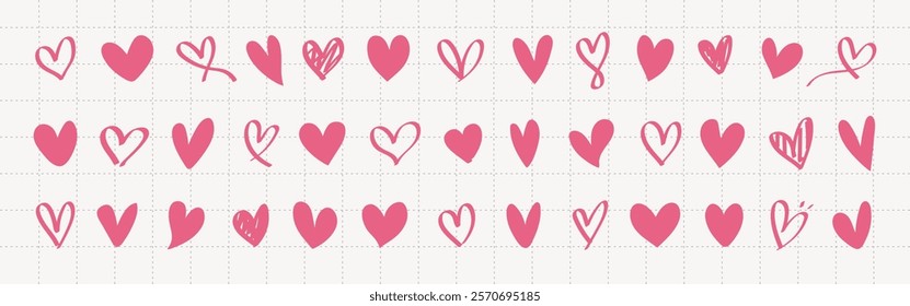 Pattern of pink hearts in various styles. Hearts repeat in rows, showcasing different heart designs. Valentines doodle vector set.