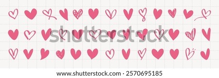 Pattern of pink hearts in various styles. Hearts repeat in rows, showcasing different heart designs. Valentines doodle vector set.