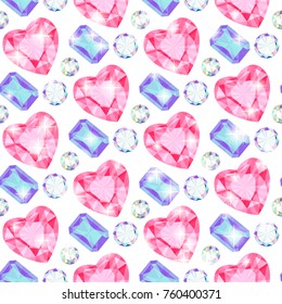 Pattern of pink heart-shaped crystals, round white and blue quartet crystals. Seamless objects on white background.