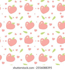 Pattern of pink heart-shaped peaches with green leaves on top, interspersed with smaller pink hearts and green leaves. Creating a cute and playful design.