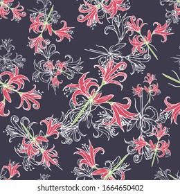 Pattern with pink lilies and a white outline on a dark blue background, stock vector illustration for design and decor, prints, wrapping paper, fabrics