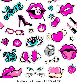 The pattern of pink lips, hearts and other elements. Stickers on white background in vector