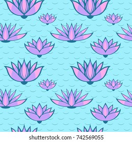 A pattern of pink lotus flowers on blue water. Vector image.