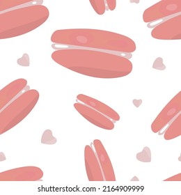 pattern with pink macaroni cakes and hearts on a white background