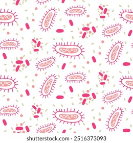 A pattern with pink microbes, viruses and bacteria. Viruses of various shapes and quantities with streamlined shapes. Seamless texture on the theme of the disease on white. Medicine, science, study
