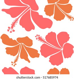 Pattern in pink and orange colors with tropic summertime motif may be used as texture, wrapping paper, textile design. Vector seamless pattern of tropical hibiscus flowers, dense jungle. Hand painted.