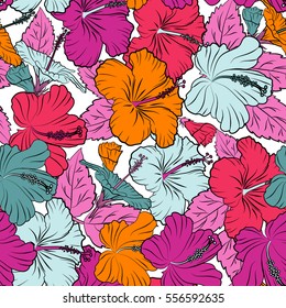 Pattern in pink and orange colors with tropic summertime motif may be used as texture, wrapping paper, textile design. Vector seamless pattern of tropical hibiscus flowers, dense jungle. Hand painted.