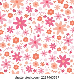 A pattern of pink and orange flowers. Pink flower wallpaper. Spring and summer floral print. Vector illustration. Can be used for print, decoration, fabric design, banner, poster and many more.