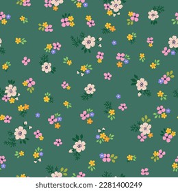 A pattern of pink, orange, purple and soft neutral beige flowers with green leaves. Seamless floral vector repeating pattern on a green background.