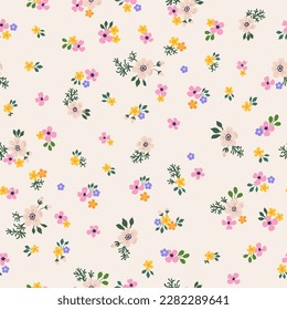 A pattern of pink, orange, purple and soft neutral beige flowers with green leaves. Seamless floral vector repeating pattern on a light beige background.