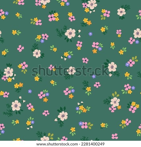 A pattern of pink, orange, purple and soft neutral beige flowers with green leaves. Seamless floral vector repeating pattern on a green background.