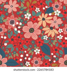 A pattern of pink, orange and red flowers with white berries and green leaves on a red background. Cute vintage composition for wallpaper, print, poster, postcard.