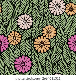Pattern With Pink, Orange, And White Flowers On A Backdrop Of Green Leaves, Creating A Lively And Decorative Design.