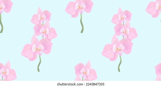 pattern with pink orchids on a blue background