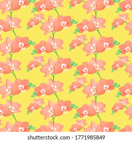 Pattern with pink orchids on a yellow background.