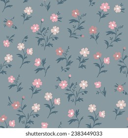A pattern of pink, pale pink and dark pink flowers. Seamless pattern in vector. Background of a blooming garden. Print with a floral bouquet on a gray background.