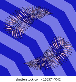 Pattern of pink palm leaves on a blue geometric background. Stock vector illustration.