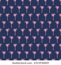 Pattern of pink palm trees on a dark background. Tropical tree seamless pattern. Beach, jungle, oasis. Vacation, tourism. Botany, plant. Vector illustration.