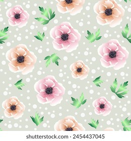 Muster mit rosa und pfirsichfarbenen Anemonen mit grünen Blättern