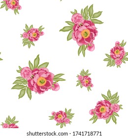 Pattern with pink peonies and green leaves isolated on a white background, stock vector illustration with 3D effect, postcard, banner, poster, fabric, packaging