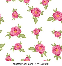 Pattern with pink peonies and green leaves isolated on a white background, stock vector illustration with 3D effect, postcard, banner, poster, fabric, packaging