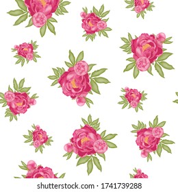 Patrón con peonatos rosados y hojas verdes aisladas en fondo blanco, ilustración vectorial de material con efecto 3D, postal, banner, afiche, tela, embalaje