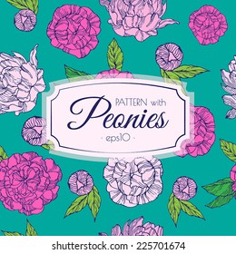 pattern with pink peonies on turquoise background