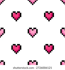 Patrón con corazones de píxeles rosados sobre fondo blanco. Lindo símbolo de amor de 8 bits para el diseño de juegos de arcade, fondo de Web, textil, Fondo de pantalla, papel de regalo y proyecto digital.