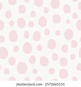 Pattern with pink polka dots on a white background. Pink dots, white background, polka dots create a playful, soft design. Pink polka dots, white space. Pastel pink background, vector.