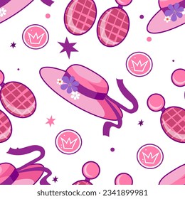 pattern with pink princess accessories jewelry and hats vector picture.